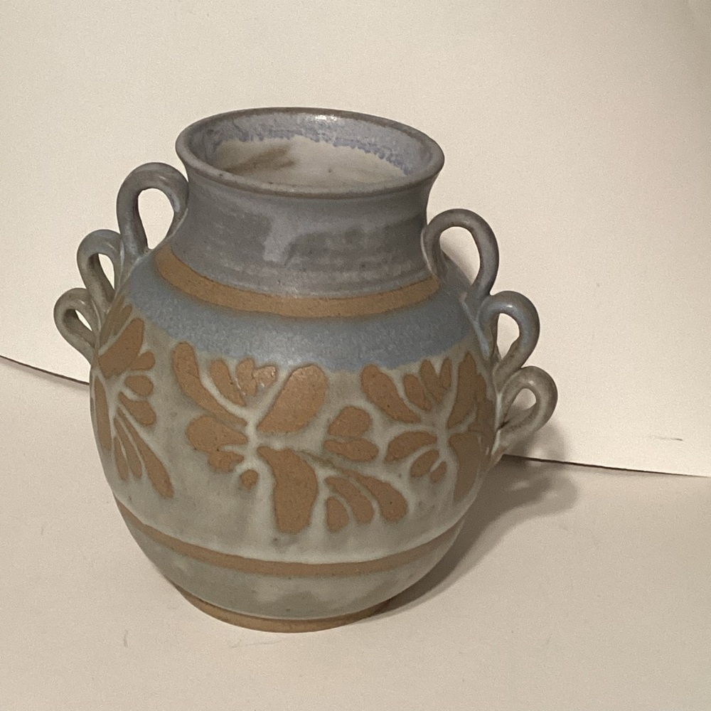 Padilla Signed Decorative Ceramic Vase with Floral Design Triple Handle